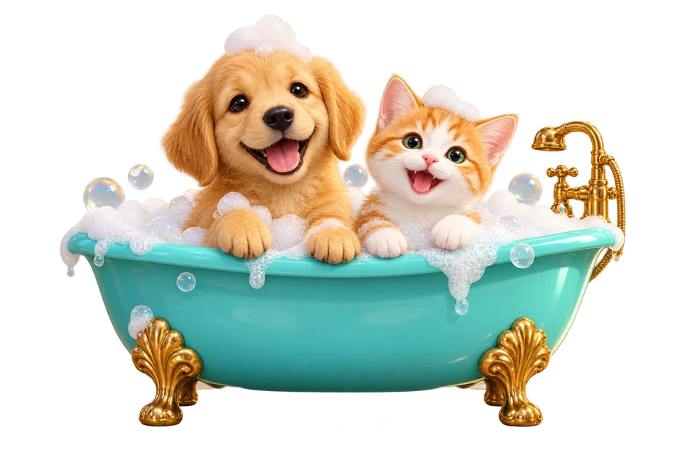 Cachorrinho e gatinho felizes em uma banheira turquesa cheia de espuma