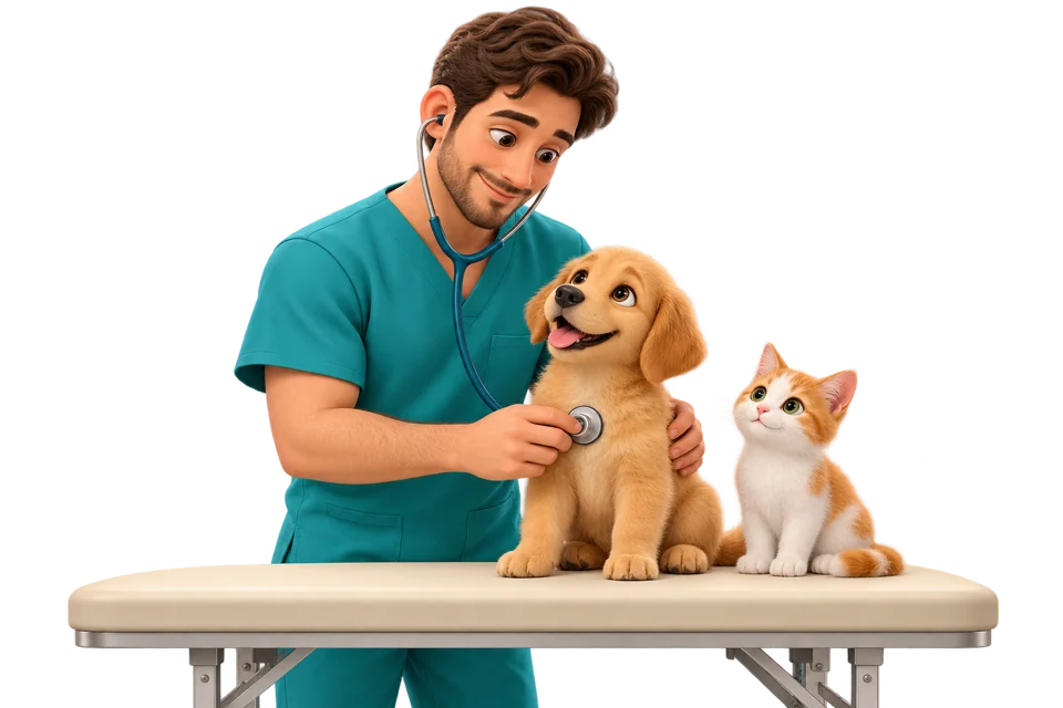 Veterinário examinando um cachorrinho com estetoscópio, acompanhado de um gatinho